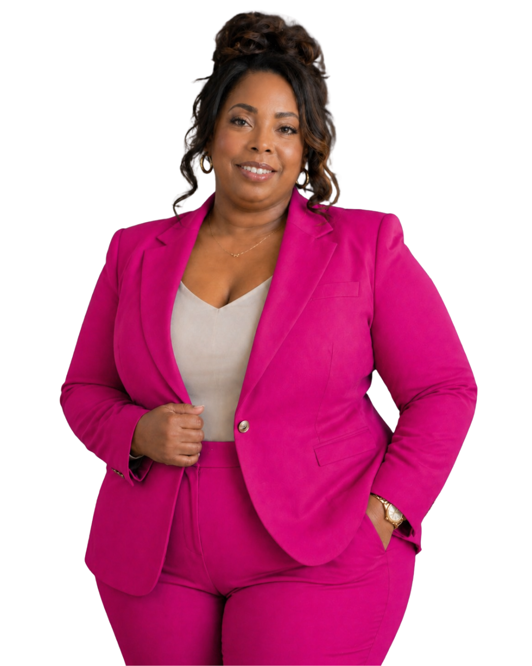 Portrait of Dr. Tesha D. Colston, founder of AI by Design Co, smiling and wearing a fuchsia pink suit.